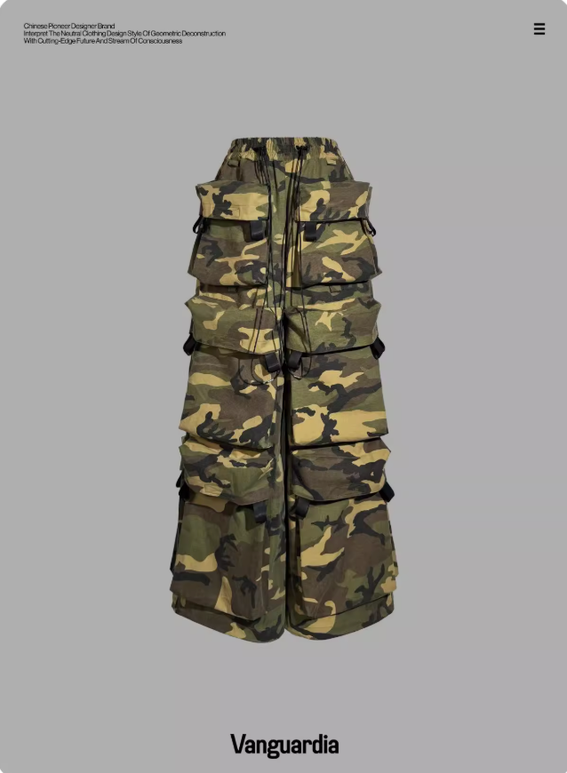 Vanguardia black multi-pocket loose nylon camo pants