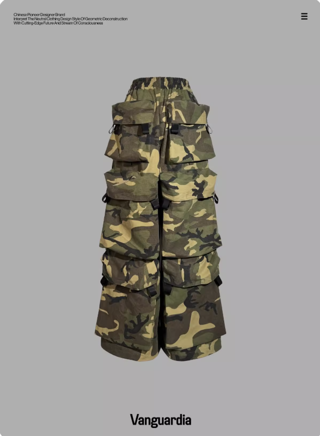 Vanguardia black multi-pocket loose nylon camo pants