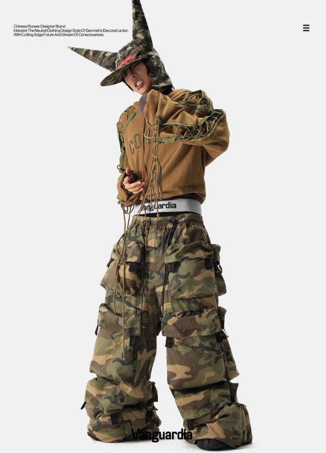 Vanguardia black multi-pocket loose nylon camo pants