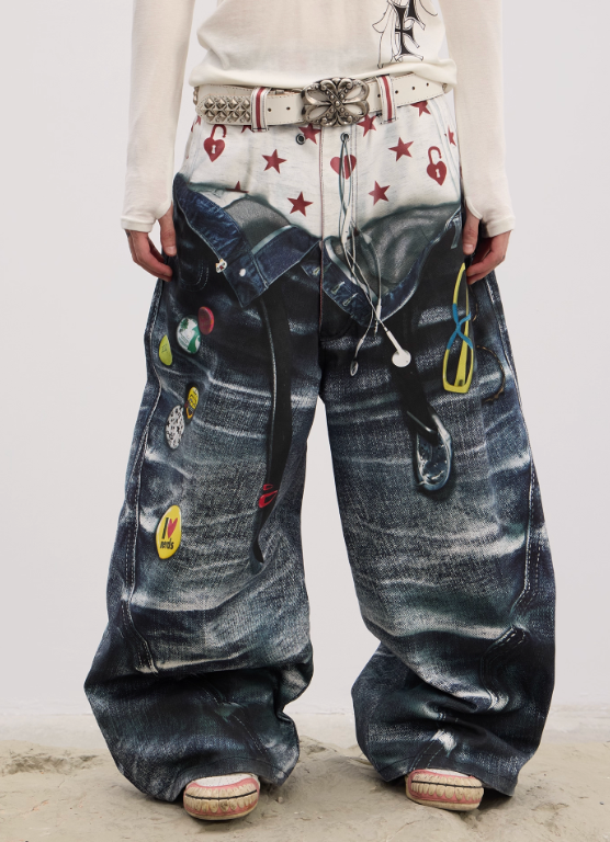 DND4DES Double Waistband and Printed Curved Silhouette Baggy Jeans