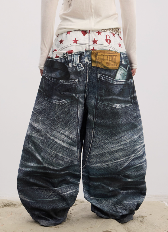 DND4DES Double Waistband and Printed Curved Silhouette Baggy Jeans