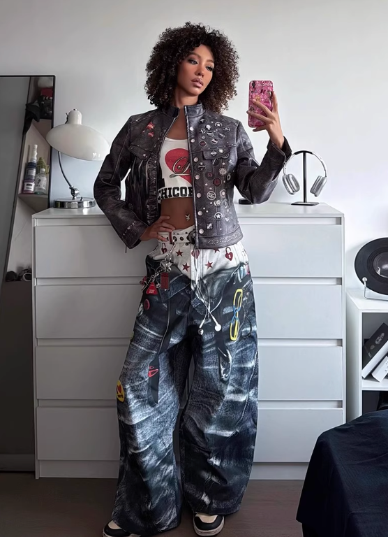 DND4DES Double Waistband and Printed Curved Silhouette Baggy Jeans