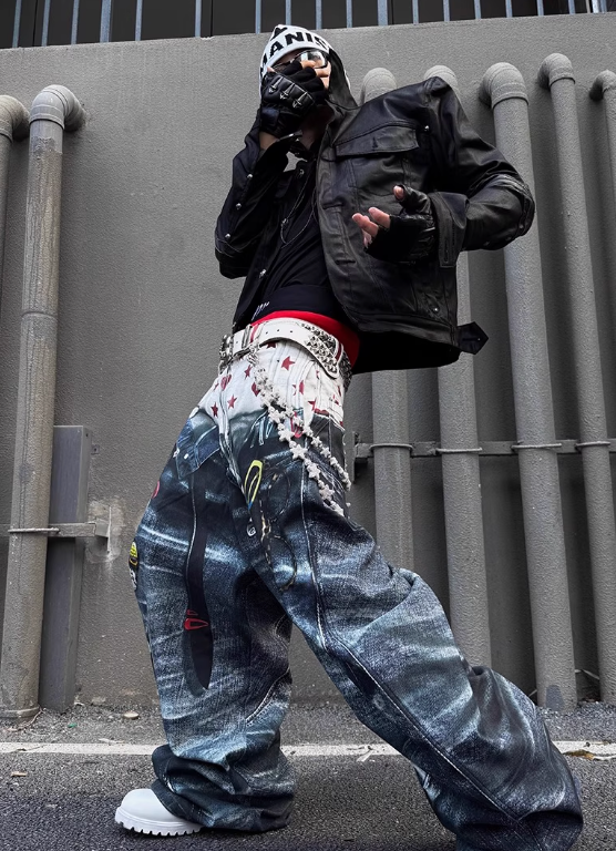 DND4DES Double Waistband and Printed Curved Silhouette Baggy Jeans