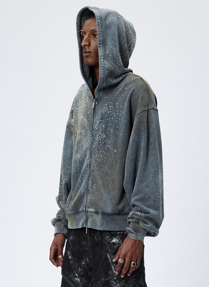 DND4DES washed distressed mud-dyed rhinestone-studded hooded