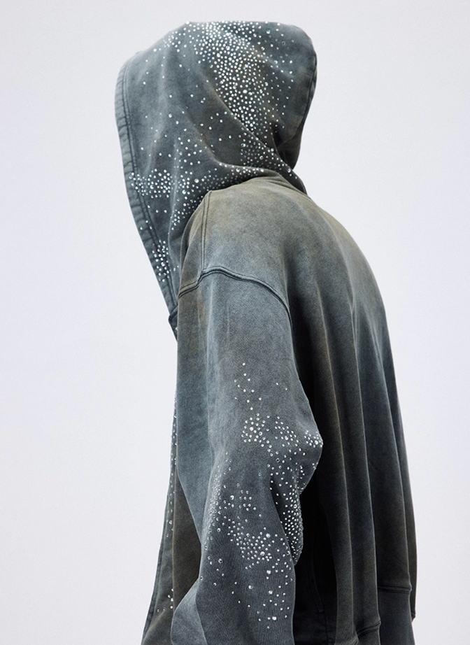 DND4DES washed distressed mud-dyed rhinestone-studded hooded