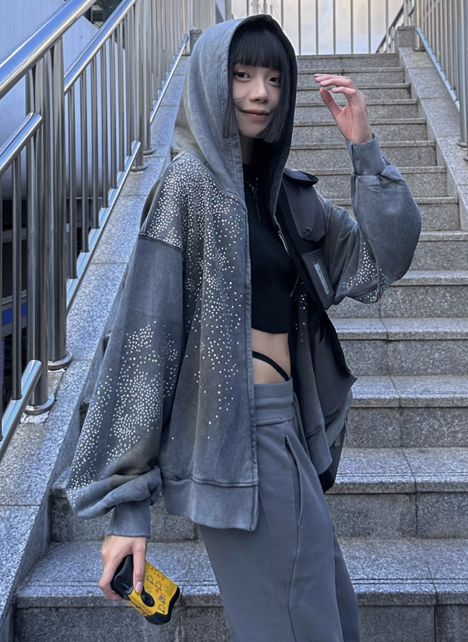 DND4DES washed distressed mud-dyed rhinestone-studded hooded