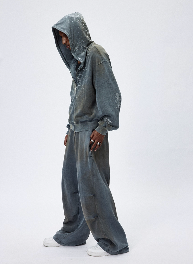DND4DES washed distressed mud-dyed rhinestone-studded hooded