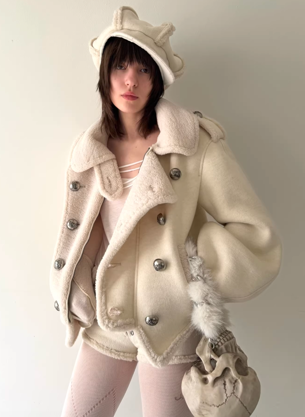 Nodress White Knitted Lambswool Lined Napoleon Double-Breasted Coat