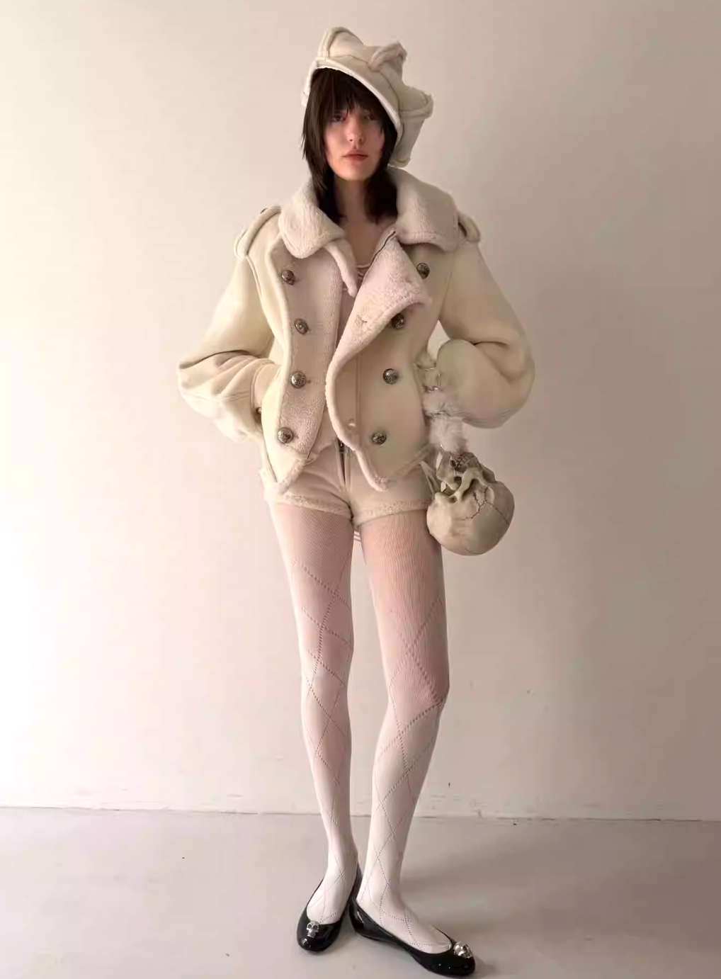 Nodress White Knitted Lambswool Lined Napoleon Double-Breasted Coat