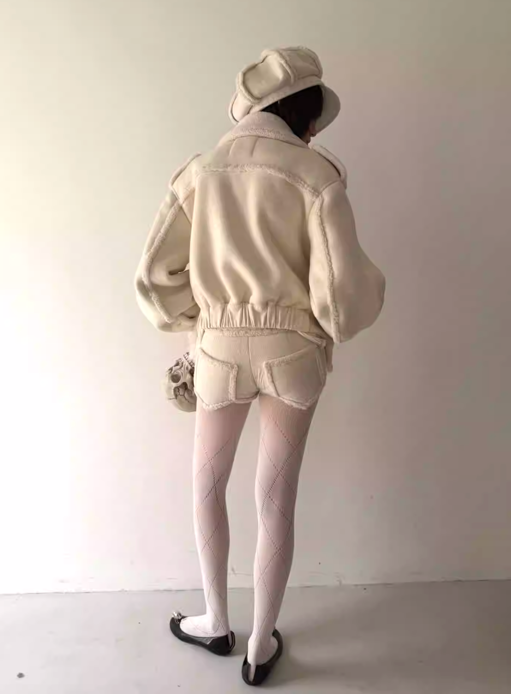 Nodress White Knitted Lambswool Lined Napoleon Double-Breasted Coat