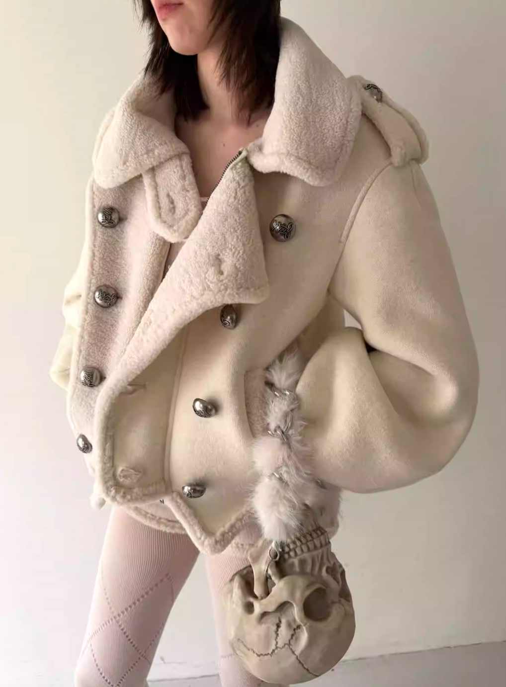 Nodress White Knitted Lambswool Lined Napoleon Double-Breasted Coat