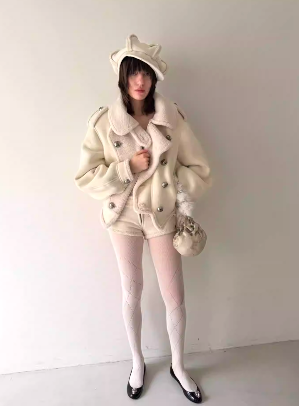 Nodress White Knitted Lambswool Lined Napoleon Double-Breasted Coat