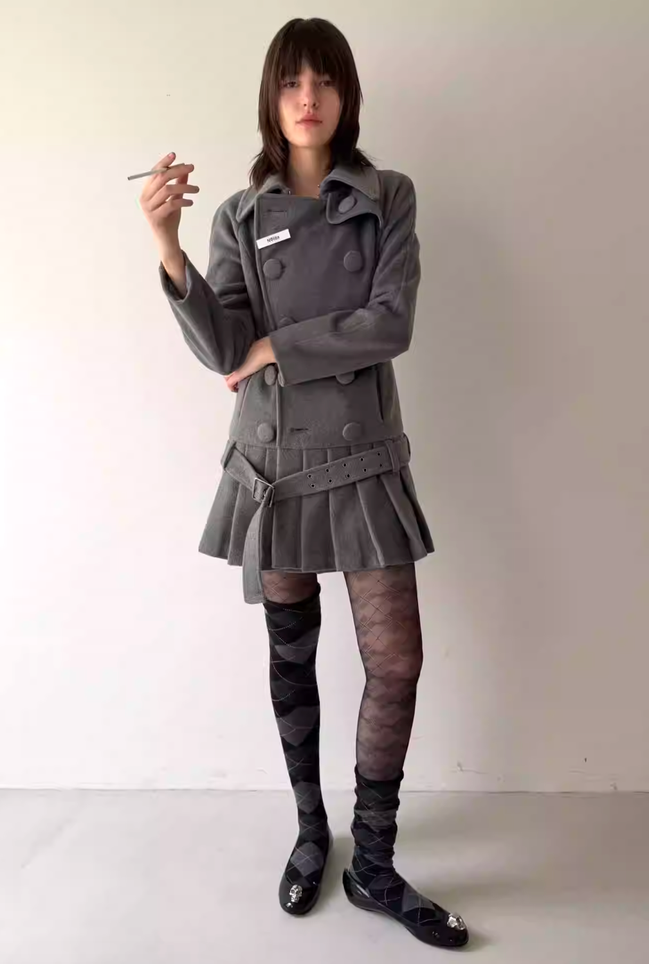 Nodress grey double-breasted pleated midi woolen jacket
