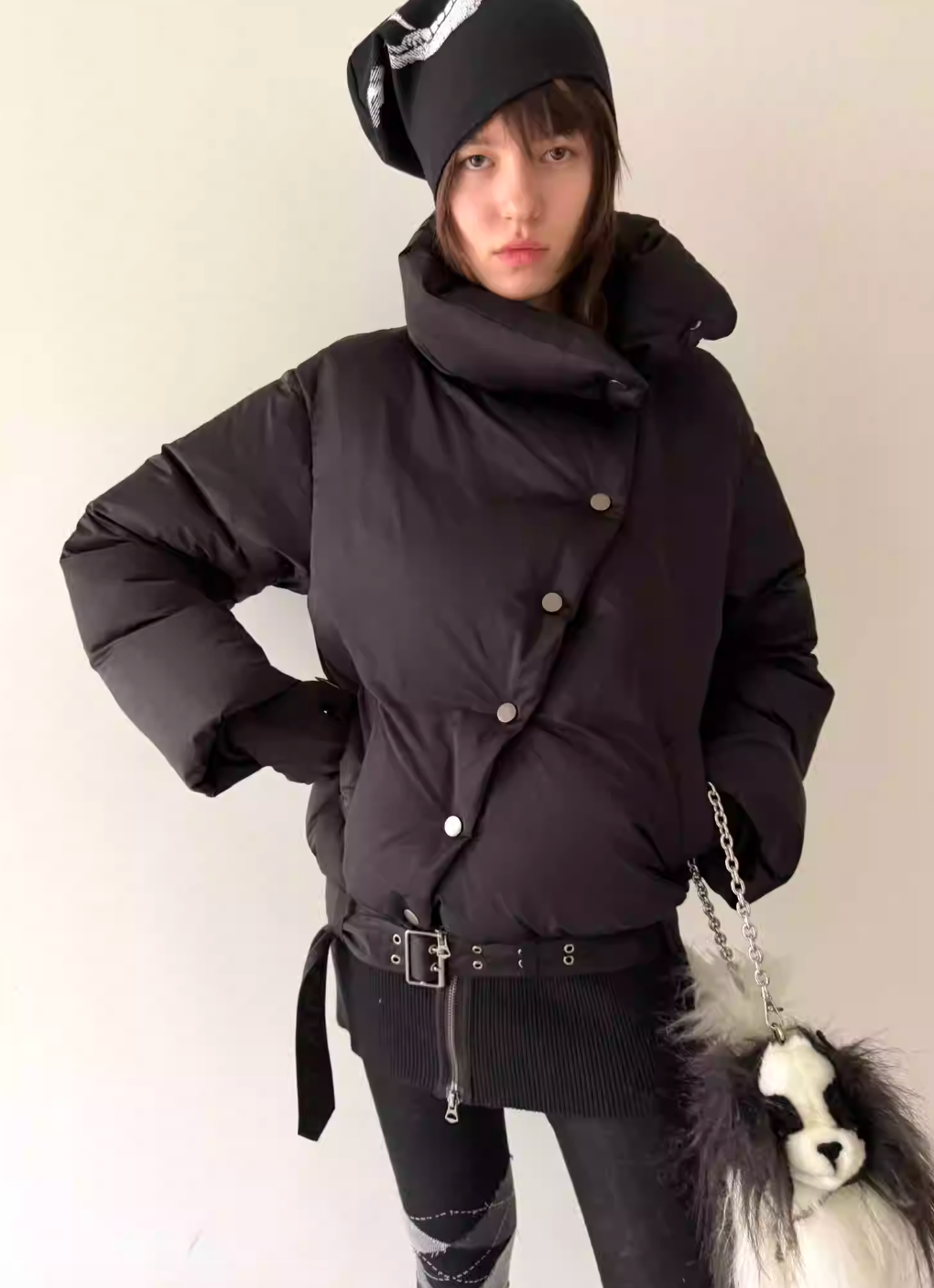 Nodress Black Asymmetrical  Mid-Length Down Jacket