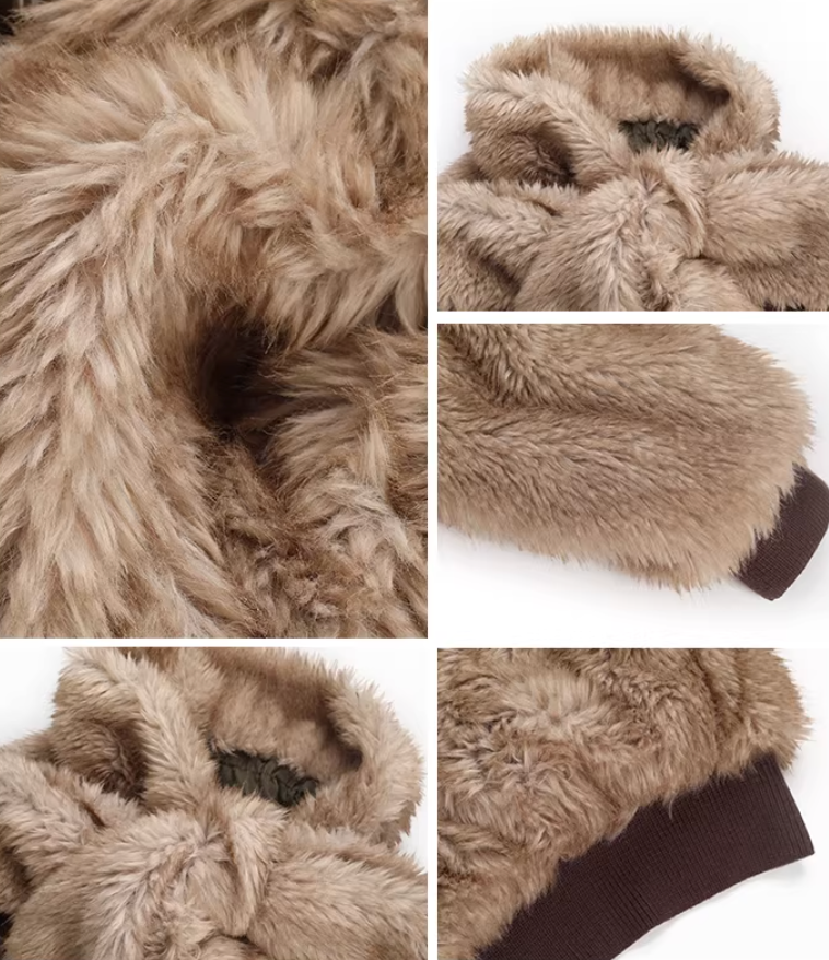 Nodrss Brown Long-haired Fur Distressed Cotton Lined Jacket