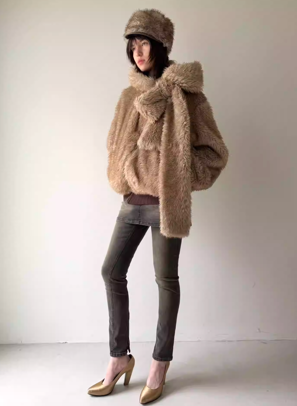 Nodrss Brown Long-haired Fur Distressed Cotton Lined Jacket