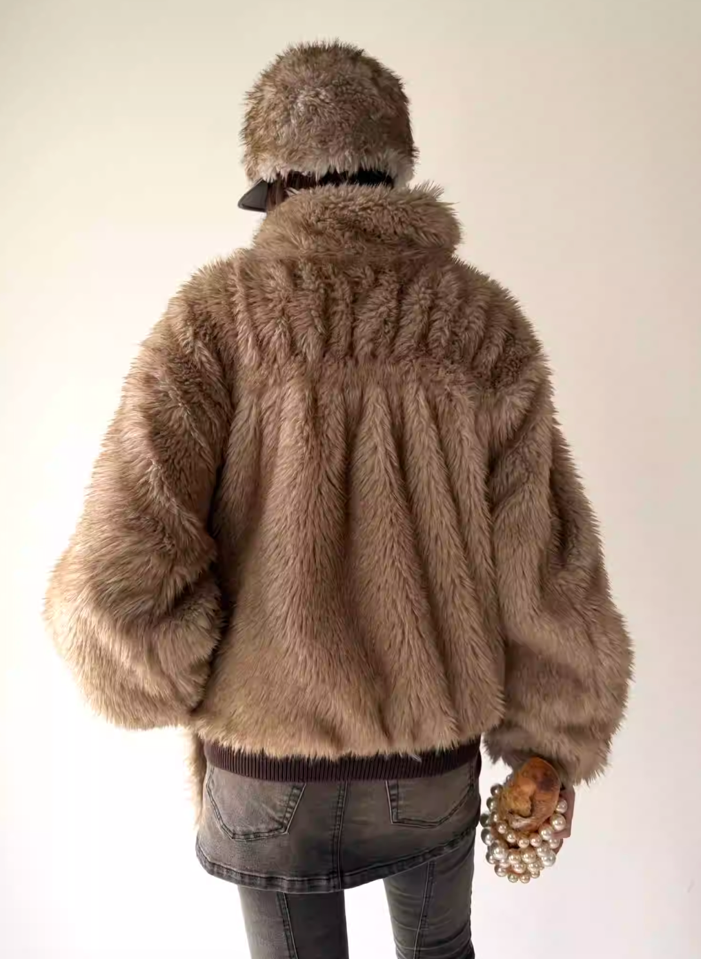 Nodrss Brown Long-haired Fur Distressed Cotton Lined Jacket