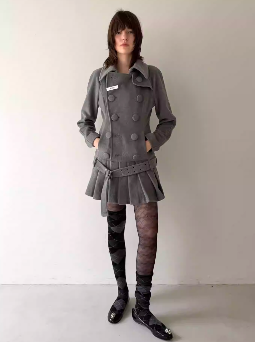Nodress grey double-breasted pleated midi woolen jacket