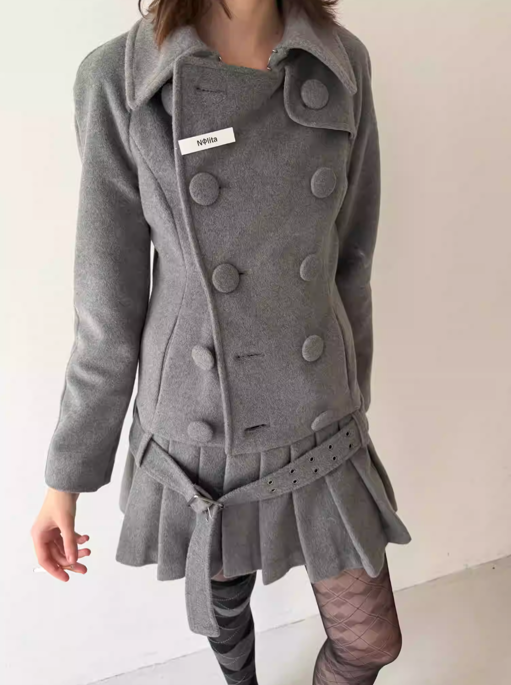 Nodress grey double-breasted pleated midi woolen jacket