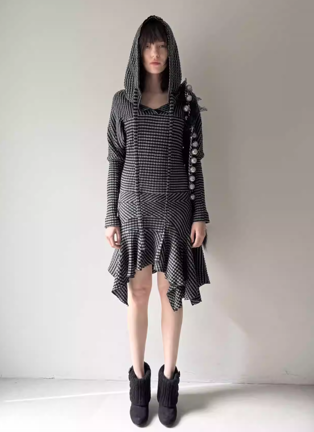 Nodress Black and White Striped Hooded Knit Dress Fall/Winter 2025 New Slim Fit Long Knit Skirt