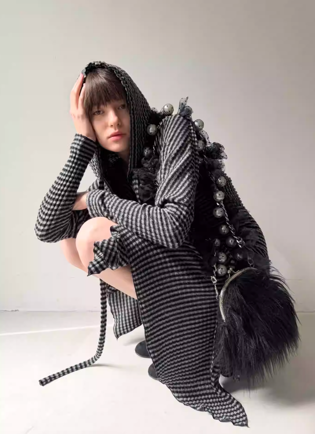 Nodress Black and White Striped Hooded Knit Dress Fall/Winter 2025 New Slim Fit Long Knit Skirt