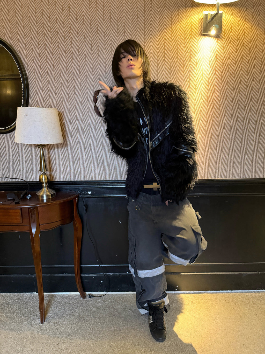REBEL WAVE25FW "Ж" Patchwork Leather Zipper Fur Jacket