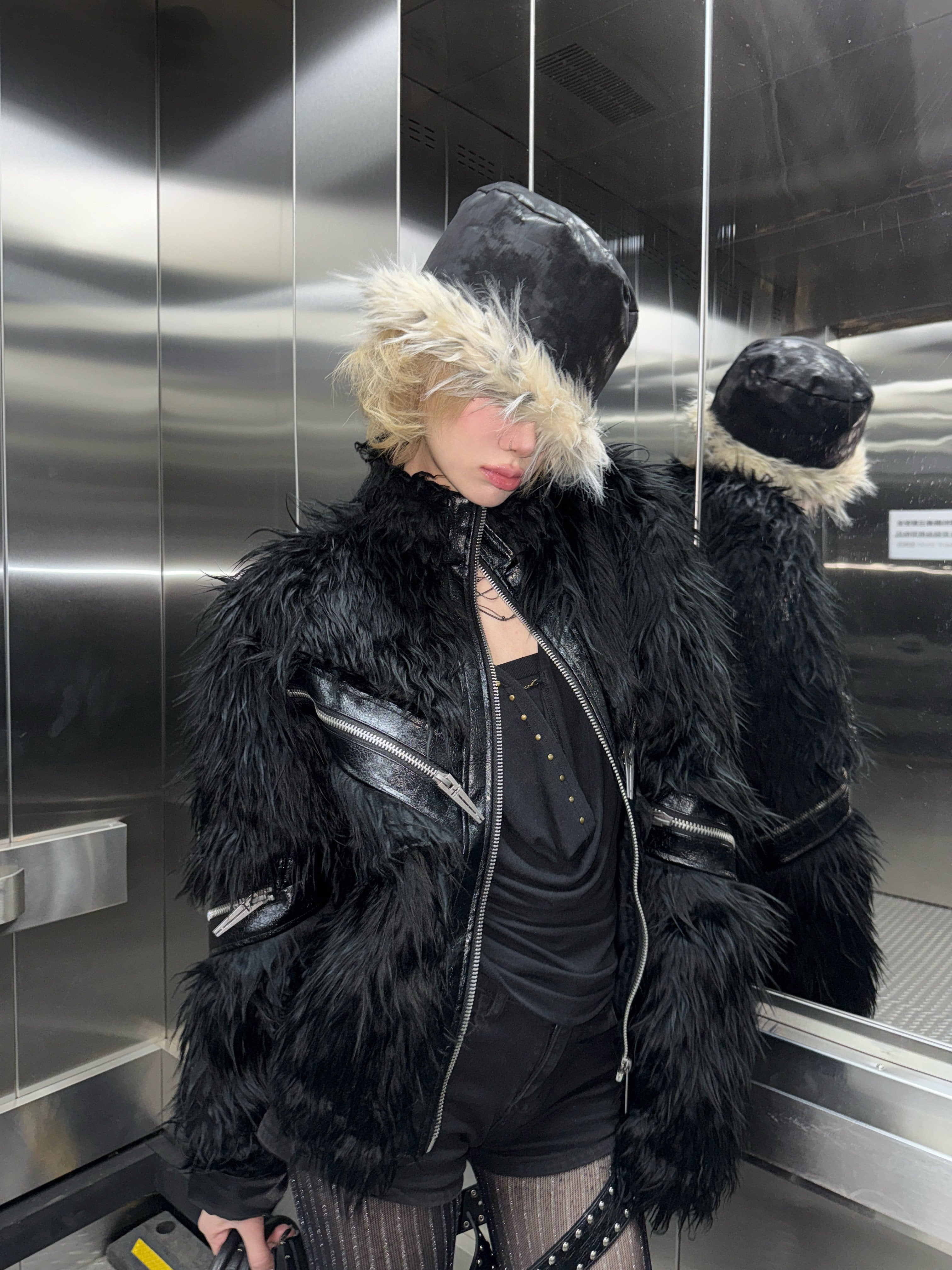 REBEL WAVE25FW "Ж" Patchwork Leather Zipper Fur Jacket