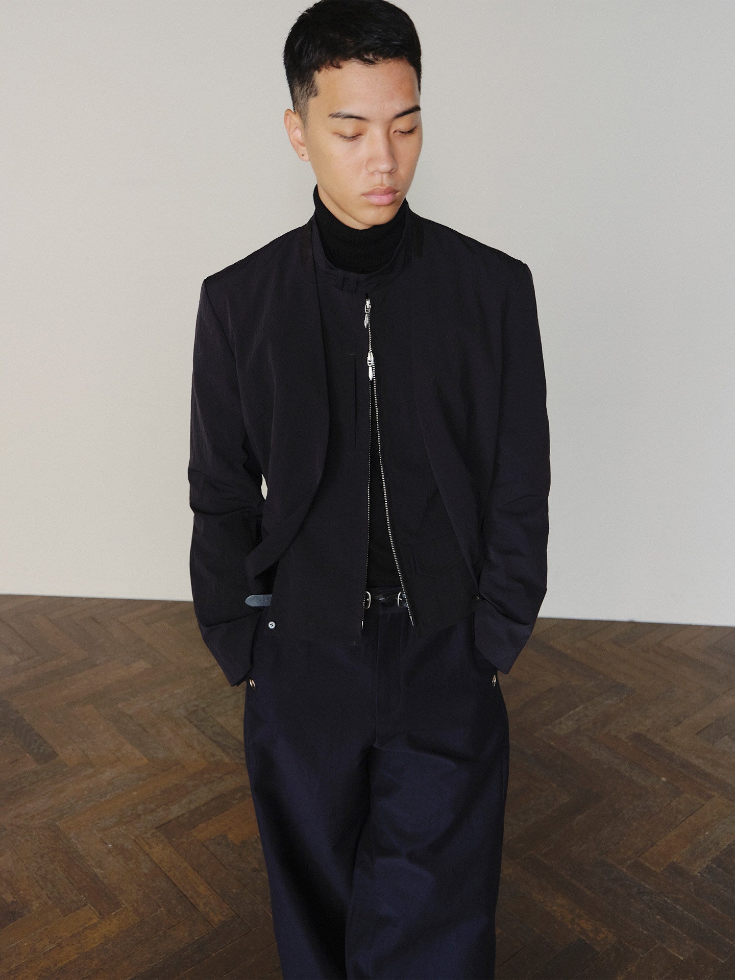 Sairenssei Detachable Faux Two-Piece Double Zipper Simple Suit Jacket