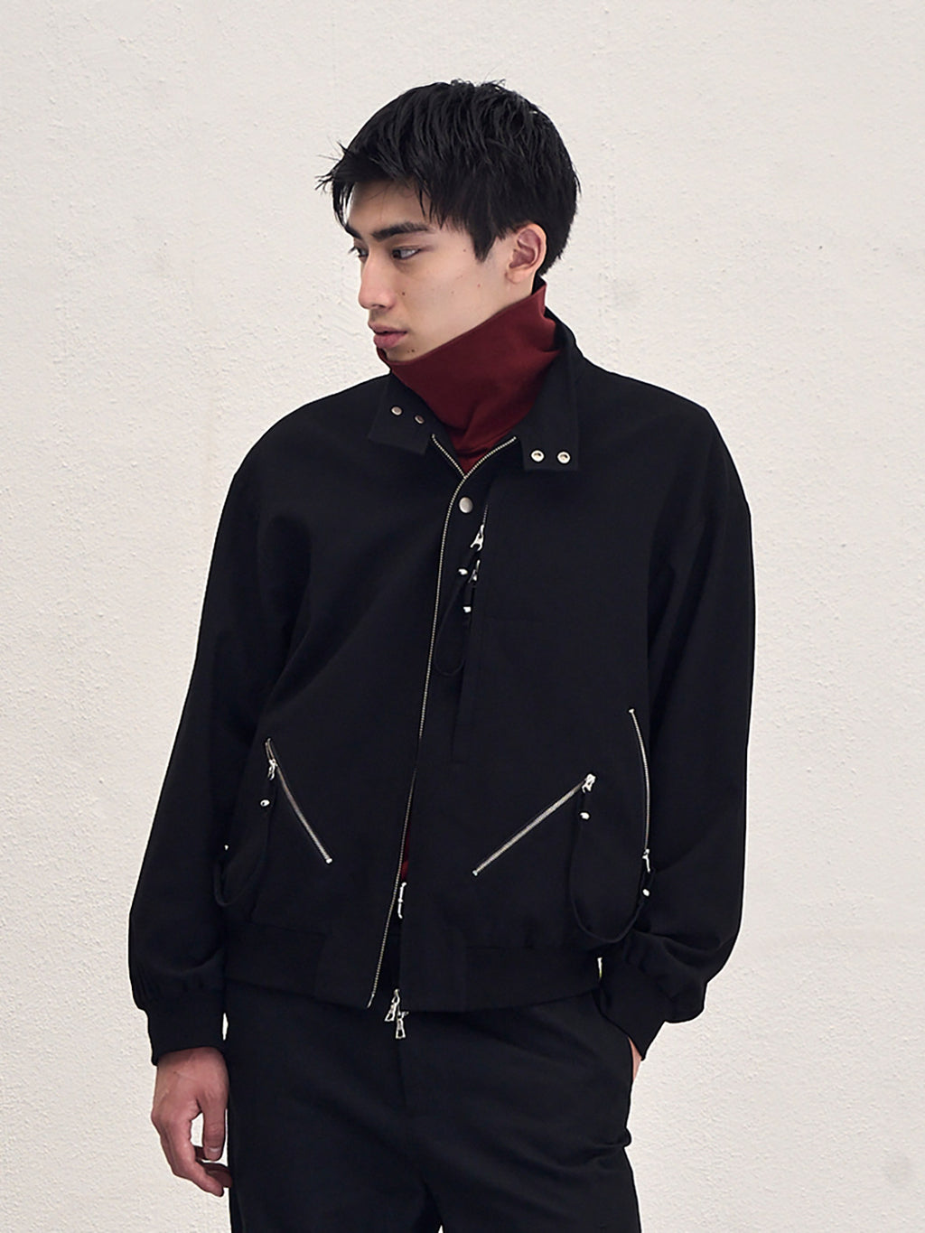 Sairenssei Black Heavy-Duty Beaded Stand Collar Minimalist Jacket