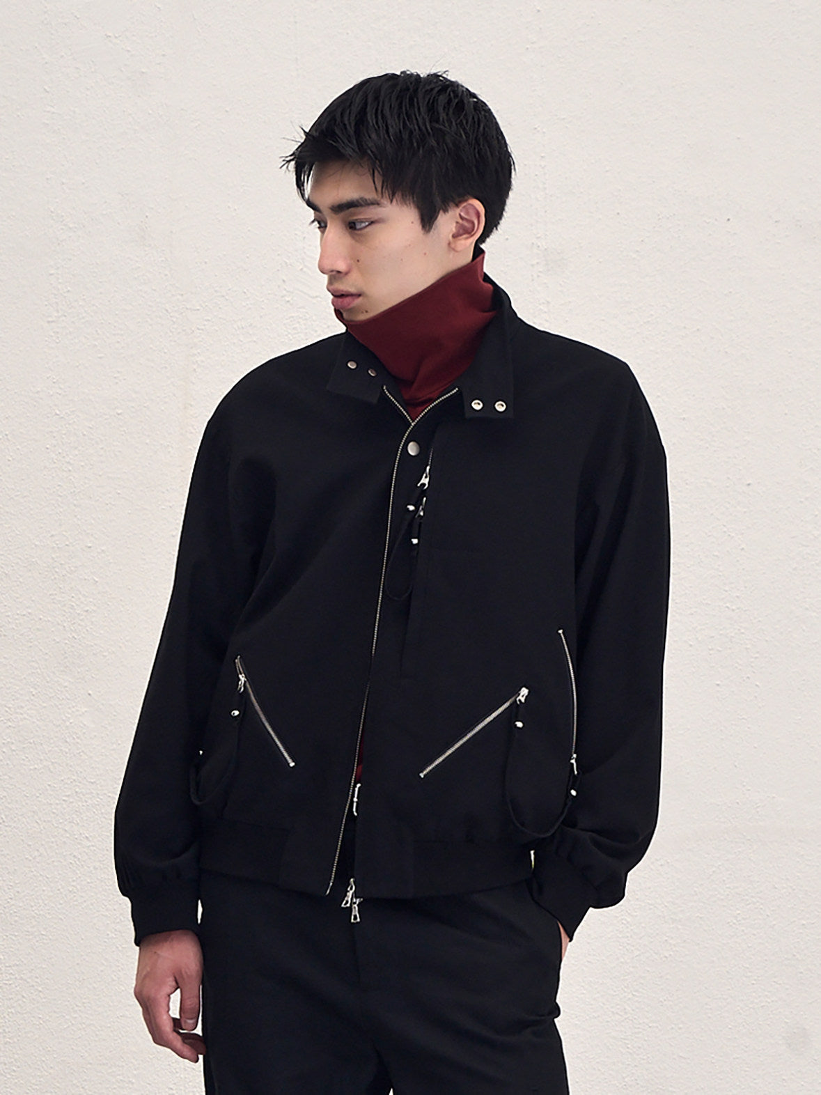 Sairenssei Black Heavy-Duty Beaded Stand Collar Minimalist Jacket
