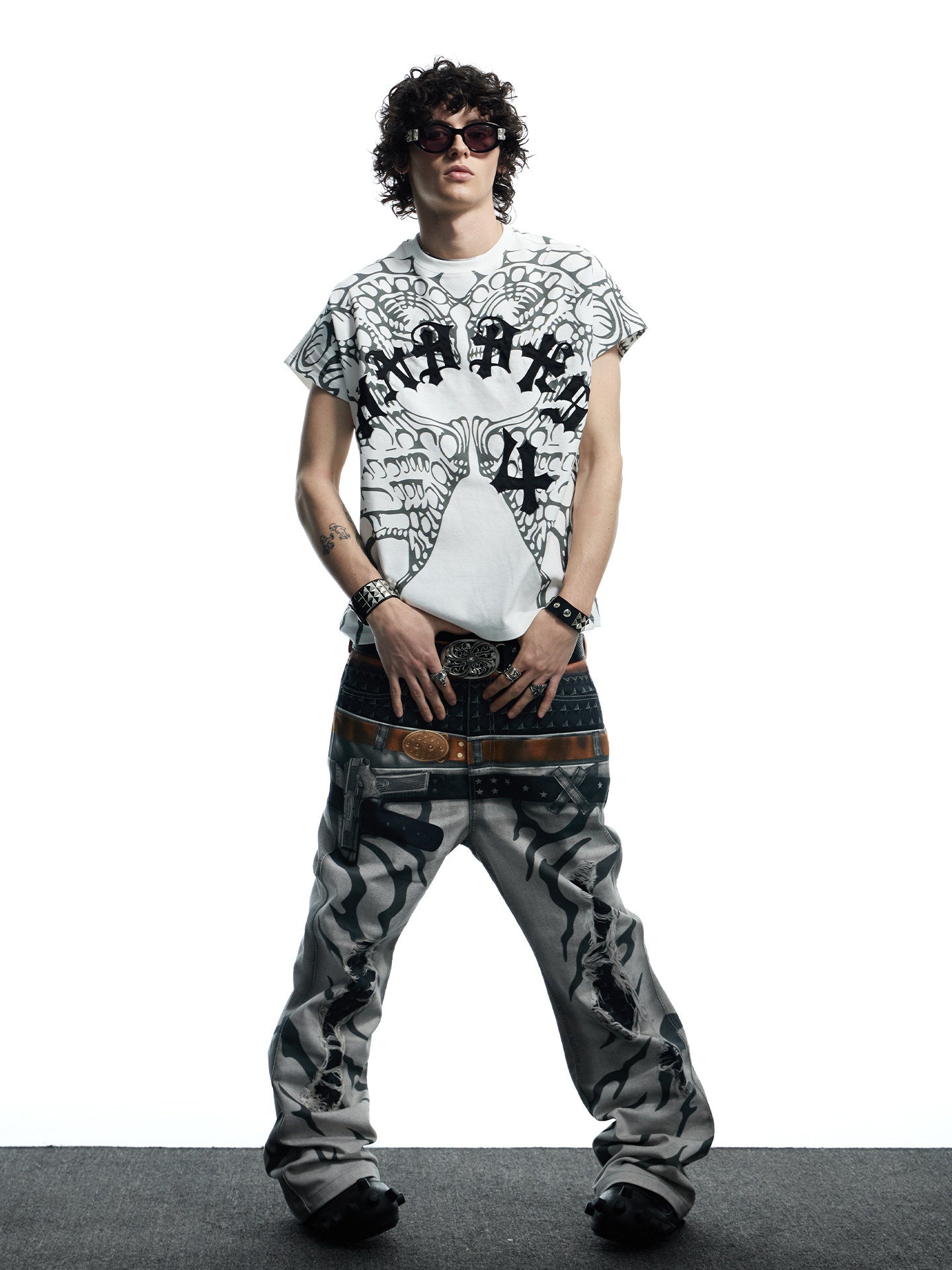 DND4DES Original  3D Printed Double Waistband Pistol Tiger Stripe Straight Leg Flared Jeans