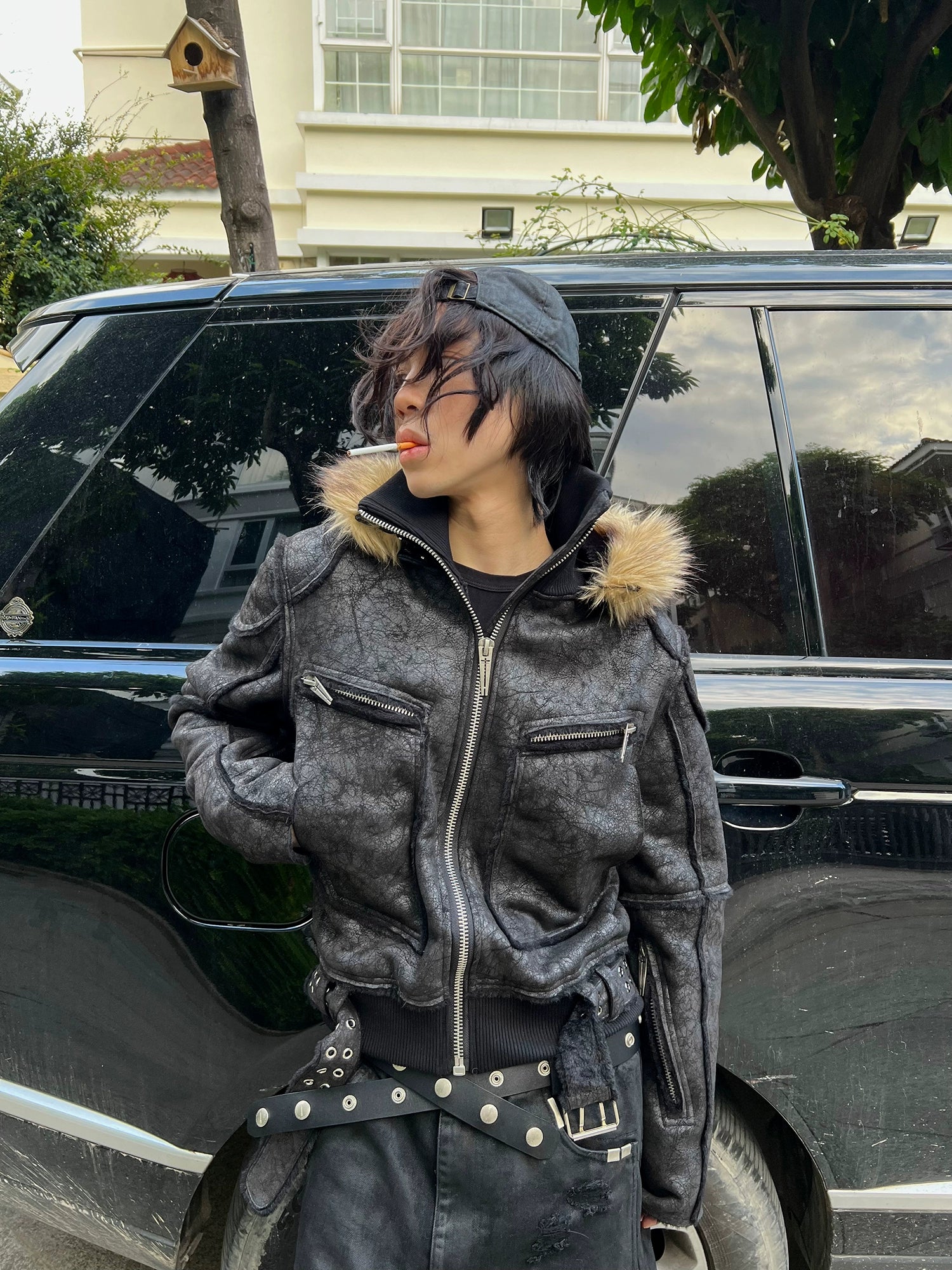 REBEL WAVE24FW "WØR" Crackle Leather Jacket with Multi-Zip Detachable Fur Collar