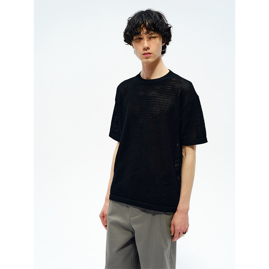 Sairenssei Hollow-Out Floral Knit Simple Loose Short-Sleeve T-Shirt