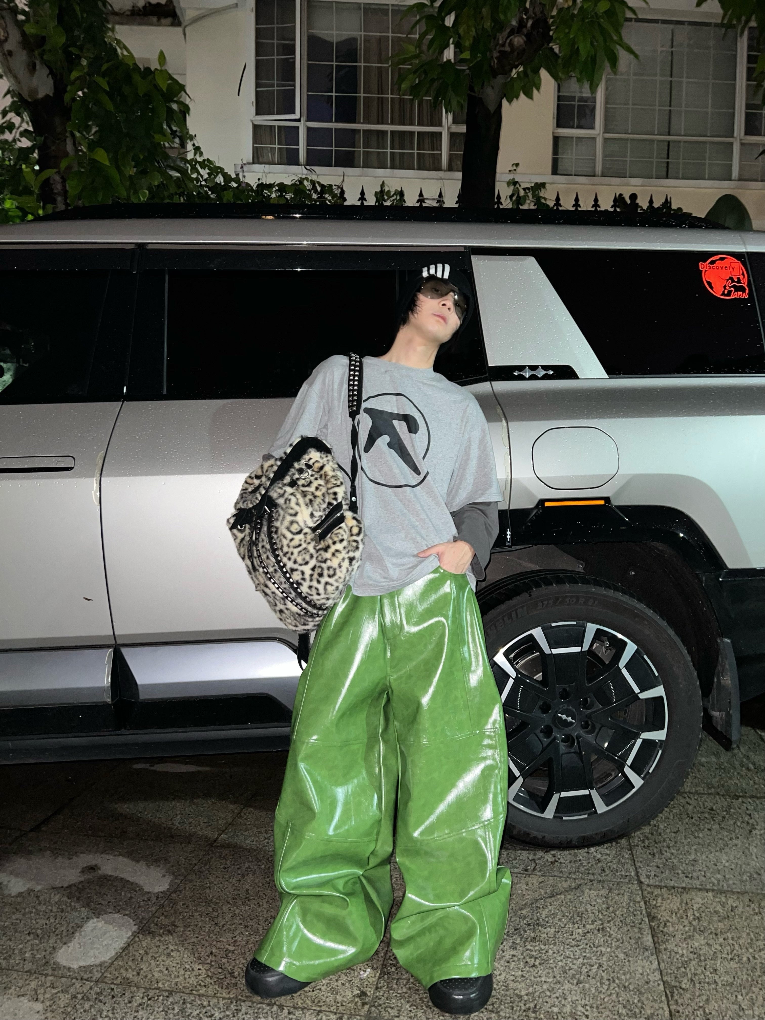 REBEL WAVE Green Liquid Leather Wide-Leg Pants