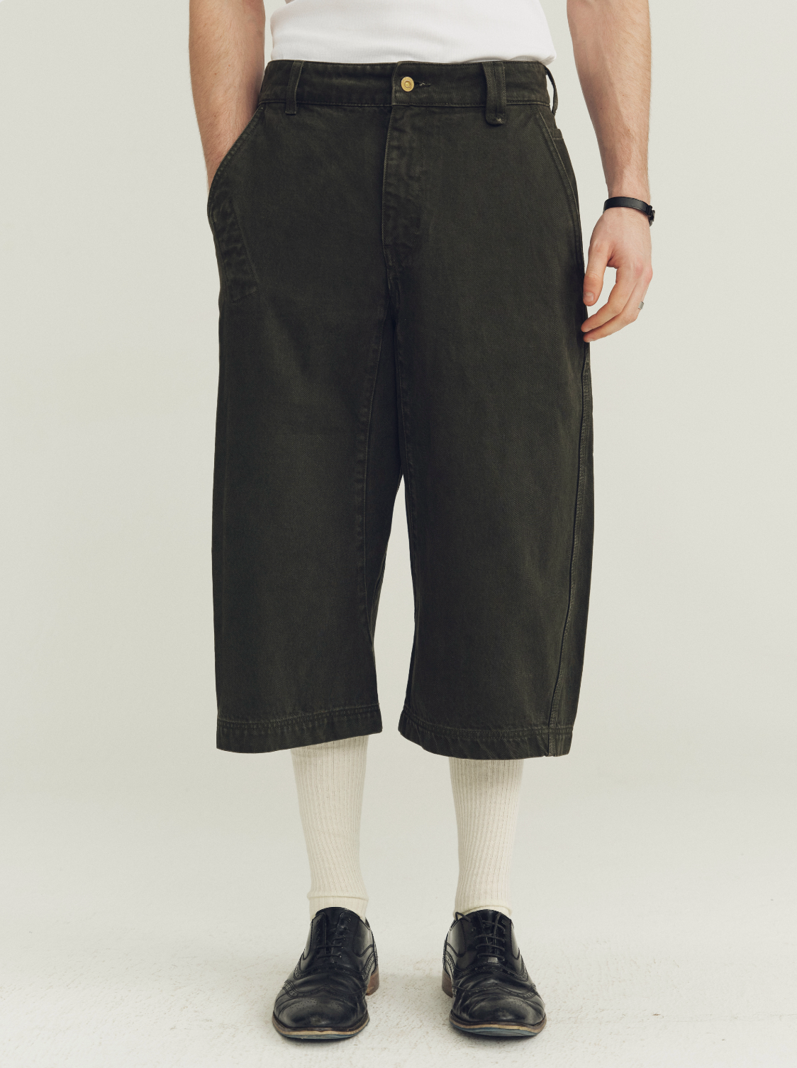 THE PROUDER  cotton army green three-dimensional cut denim cropped pants