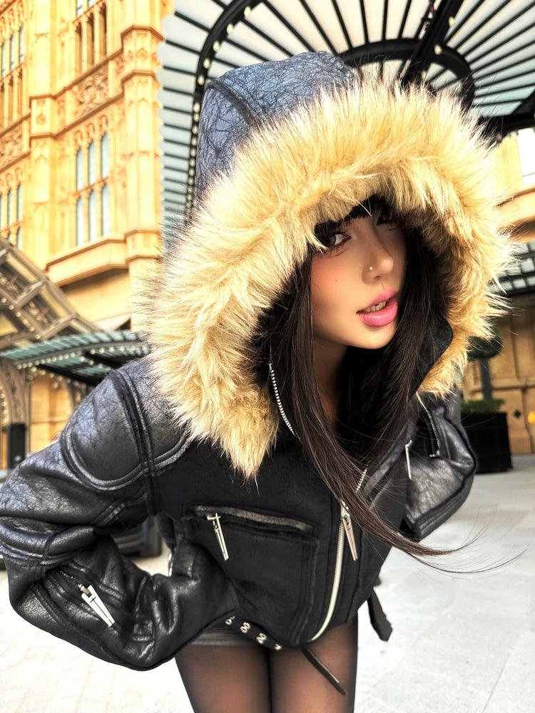 REBEL WAVE24FW "WØR" Crackle Leather Jacket with Multi-Zip Detachable Fur Collar