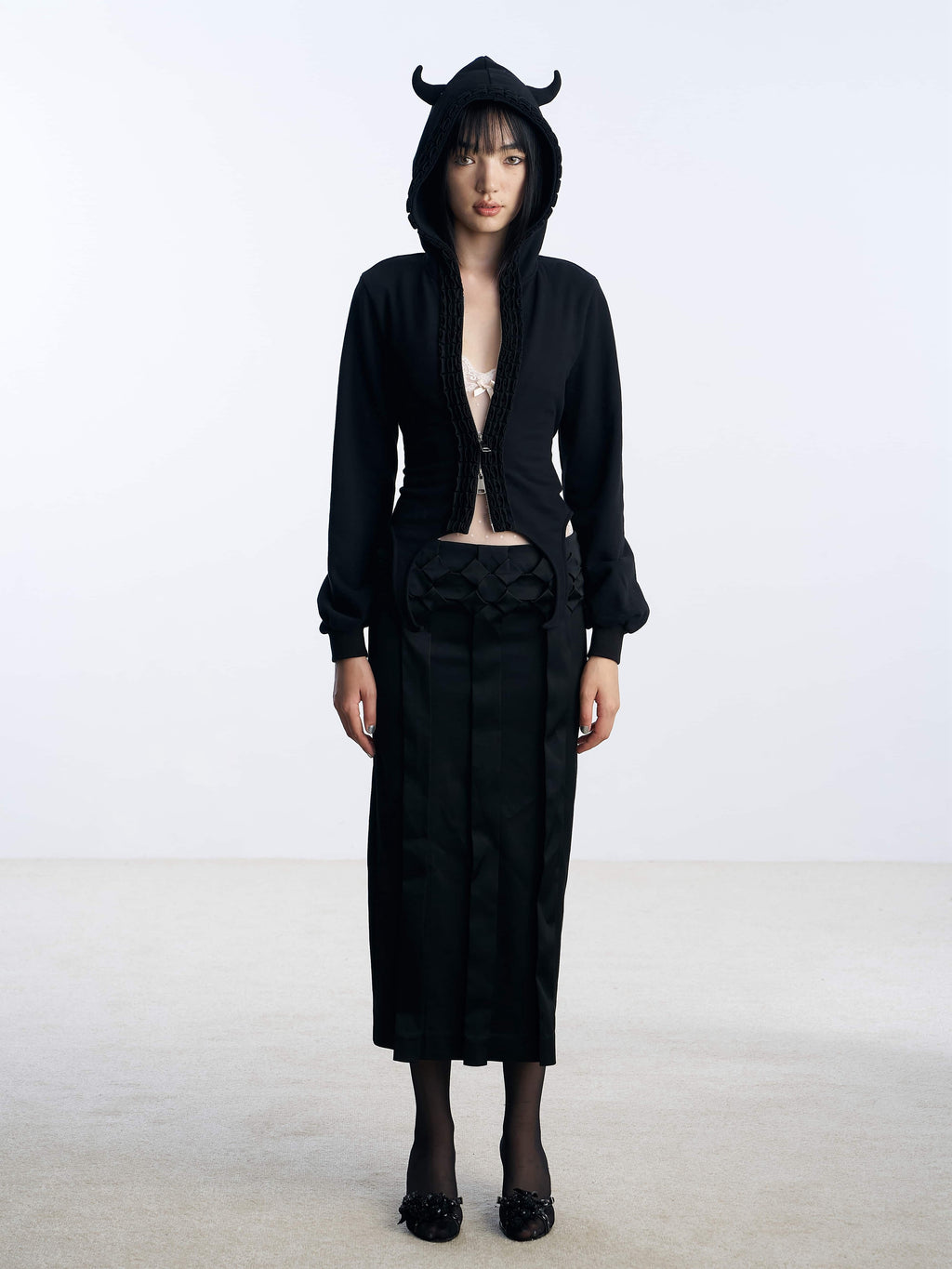 Nodress black devil's horn waist cinched sweatshirt jacket