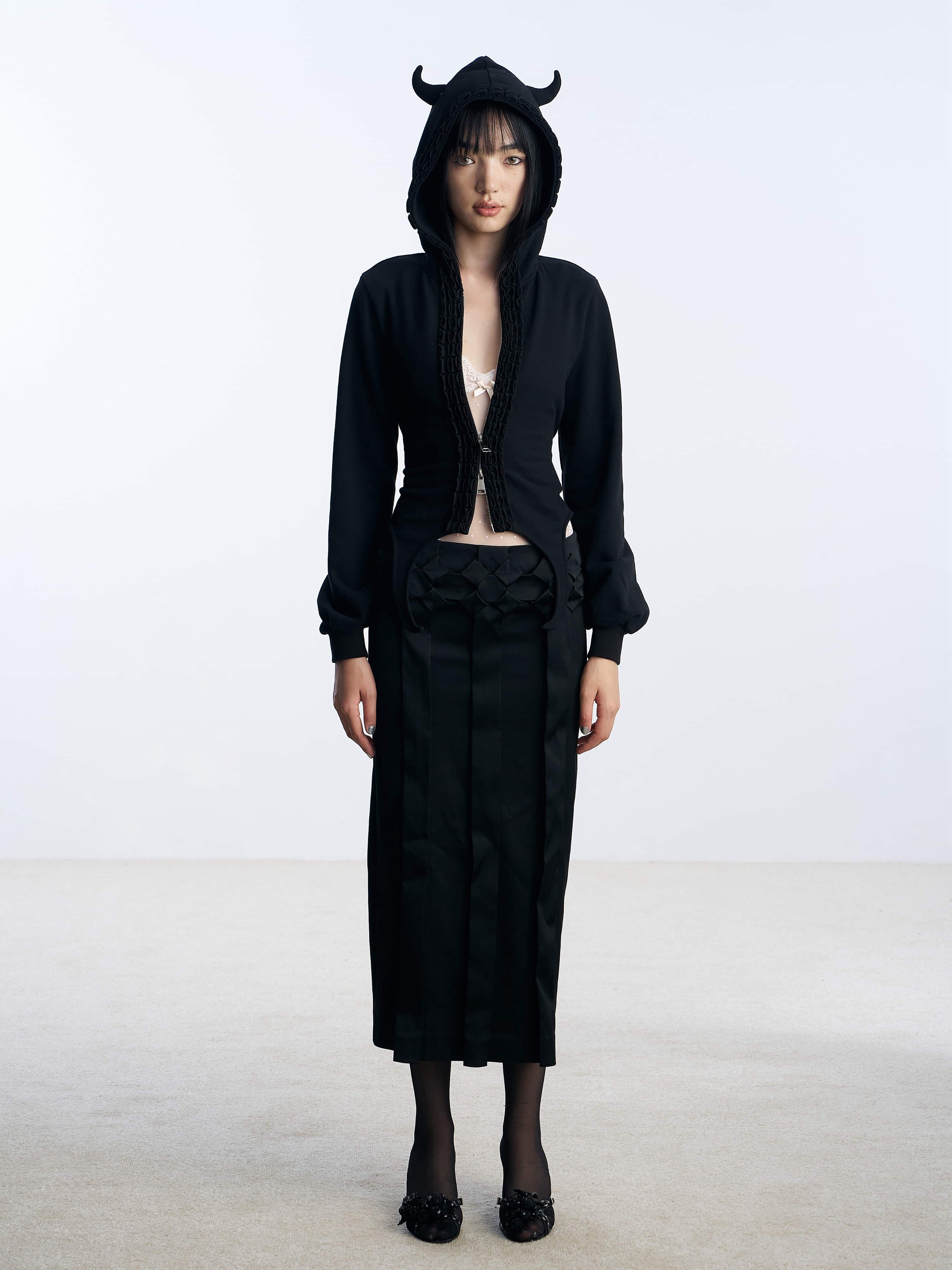 Nodress black devil's horn waist cinched sweatshirt jacket