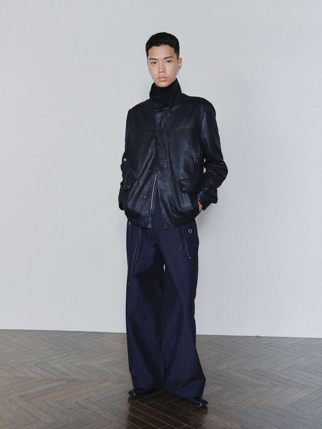 Sairenssei Distressed Leather-Look Drawstring Jacket
