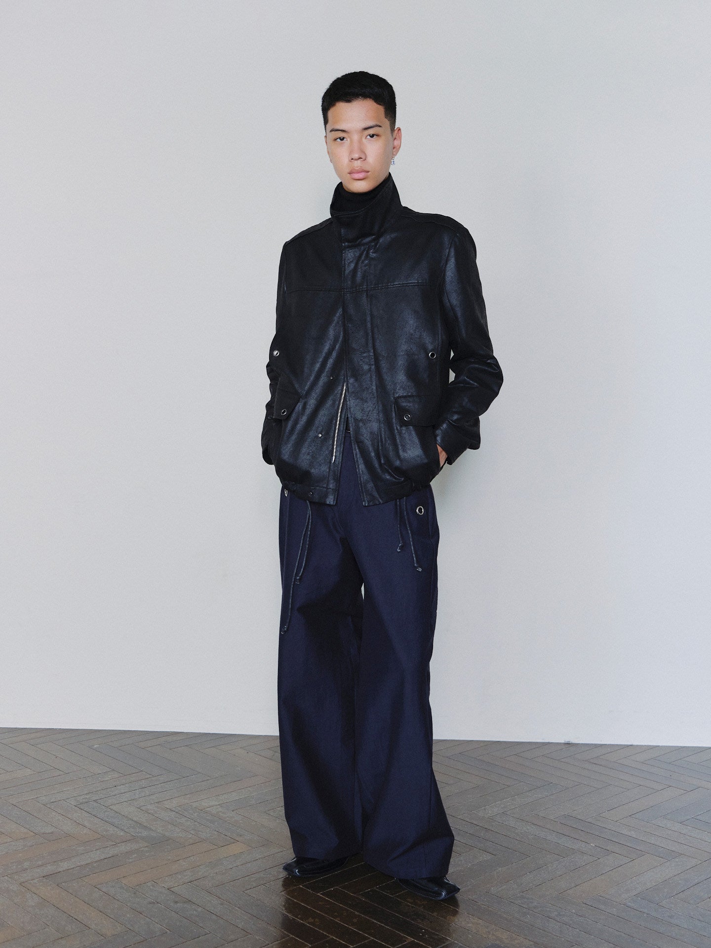 Sairenssei Distressed Leather-Look Drawstring Jacket