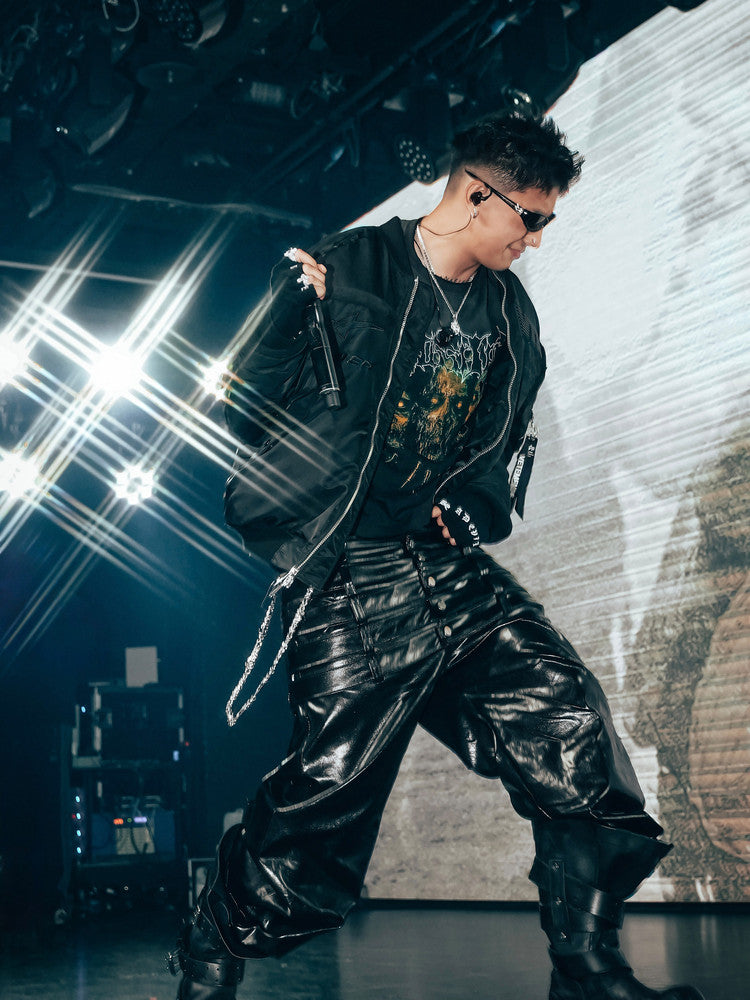 REBEL WAVE Six-Waistband Multi-Waistband Curved Leather Pants
