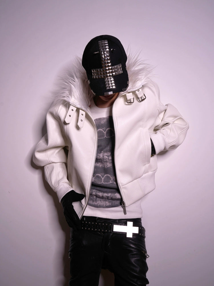 REBEL WAVE White Leather Jacket with Devil Fur Collar and Detachable Straps