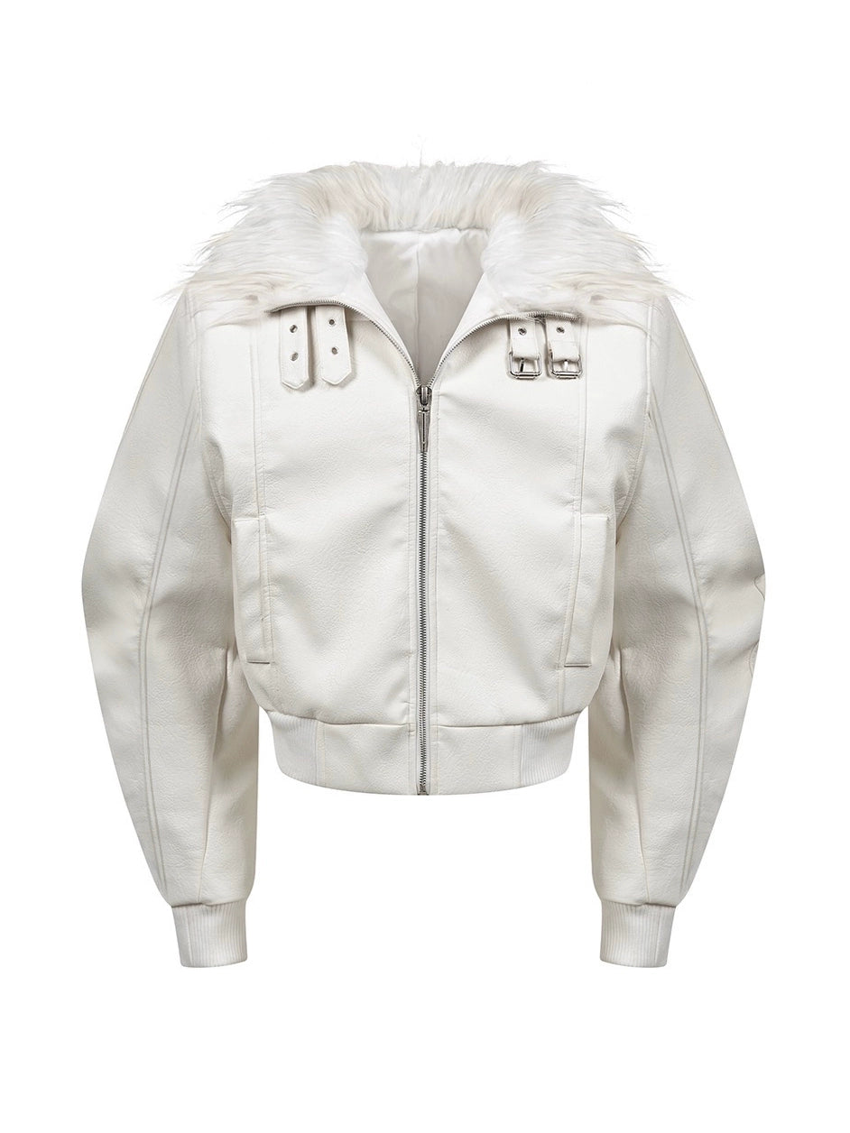 REBEL WAVE White Leather Jacket with Devil Fur Collar and Detachable Straps