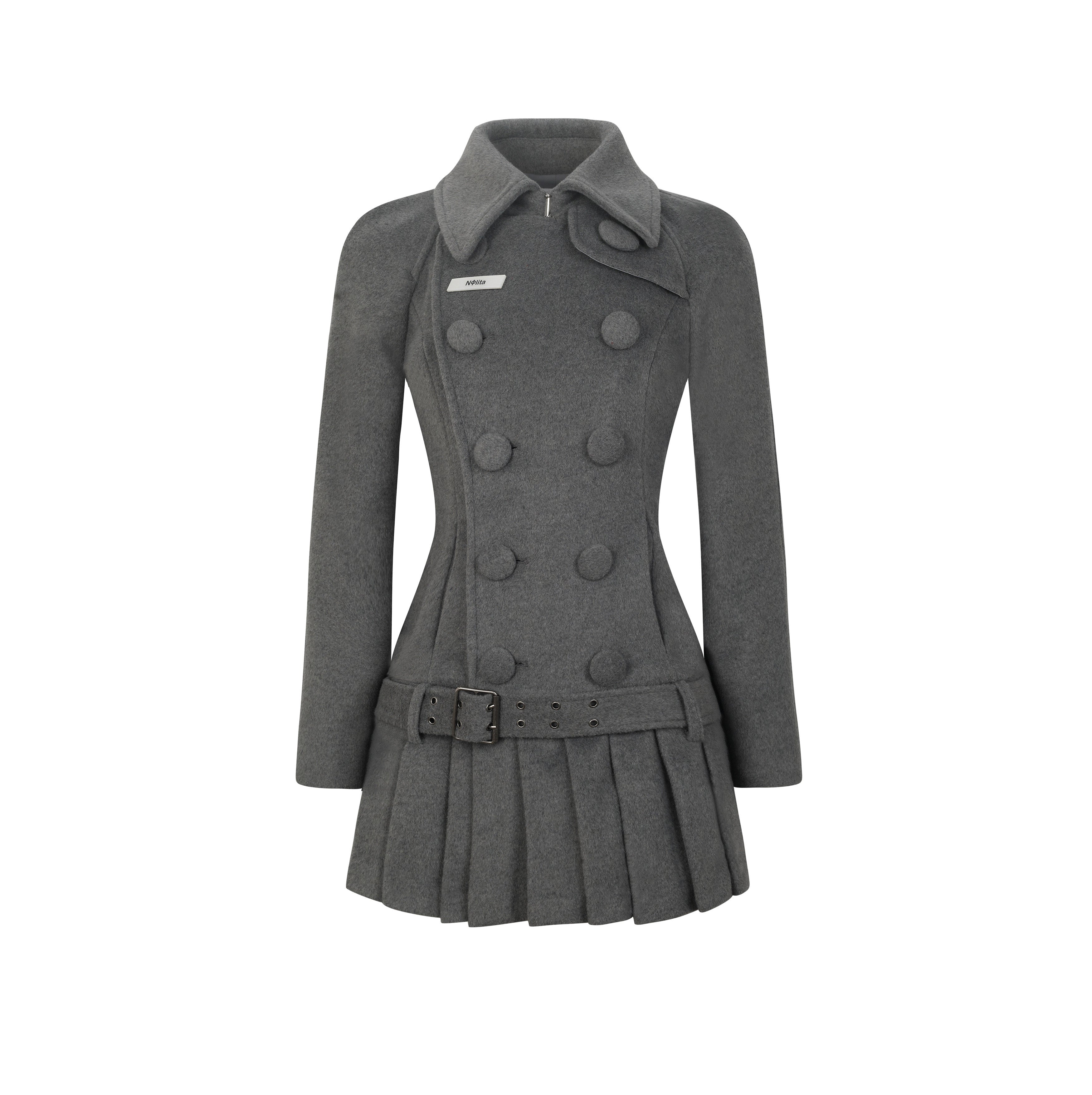 Nodress grey double-breasted pleated midi woolen jacket