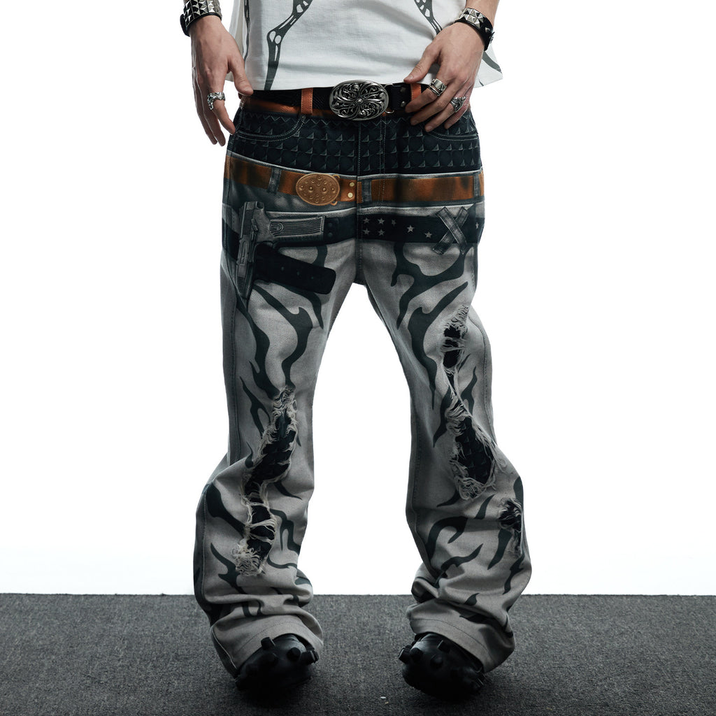 DND4DES Original  3D Printed Double Waistband Pistol Tiger Stripe Straight Leg Flared Jeans