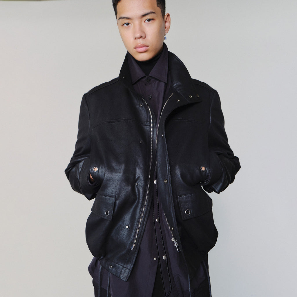 Sairenssei Distressed Leather-Look Drawstring Jacket