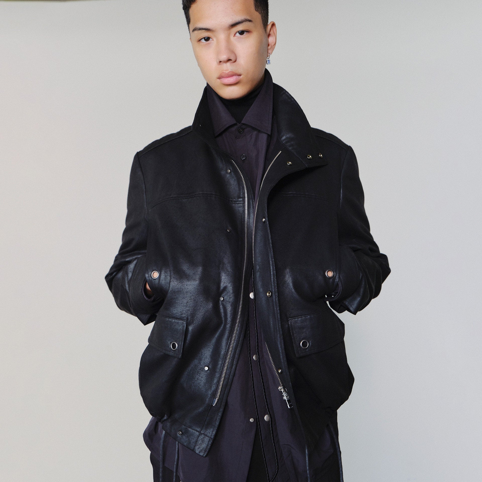 Sairenssei Distressed Leather-Look Drawstring Jacket