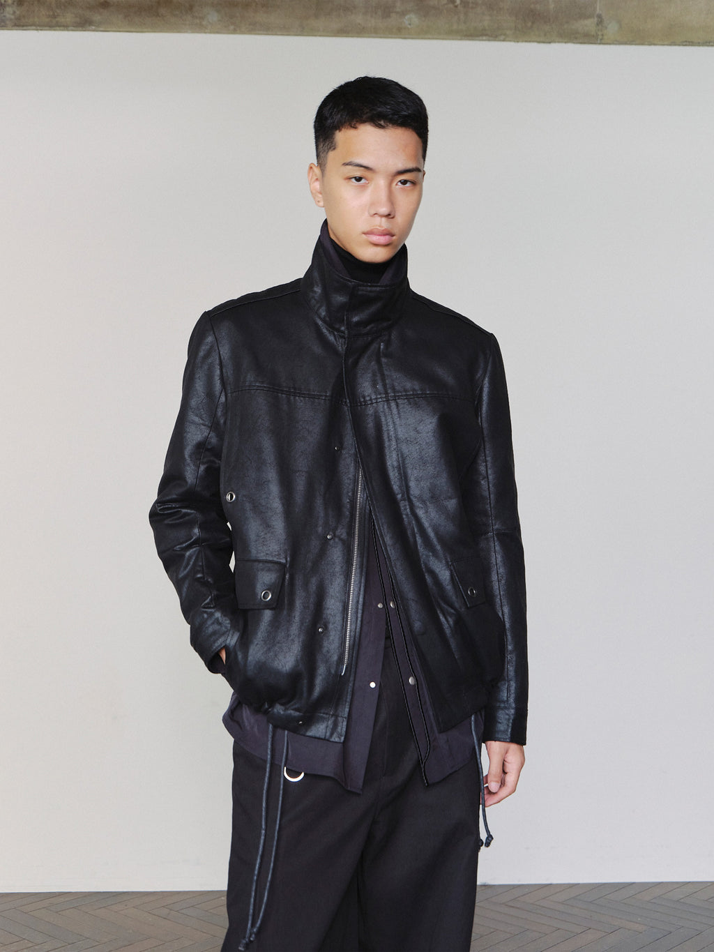 Sairenssei Distressed Leather-Look Drawstring Jacket