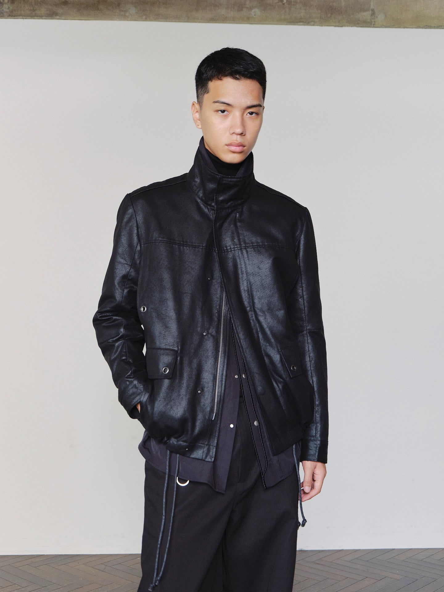 Sairenssei Distressed Leather-Look Drawstring Jacket