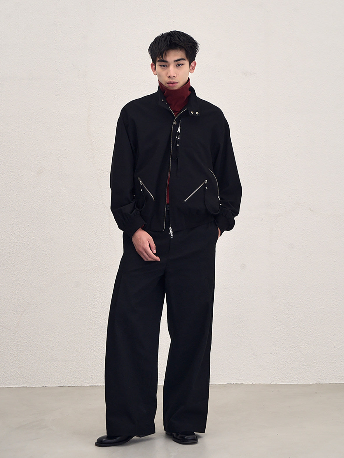 Sairenssei Black Heavy-Duty Beaded Stand Collar Minimalist Jacket